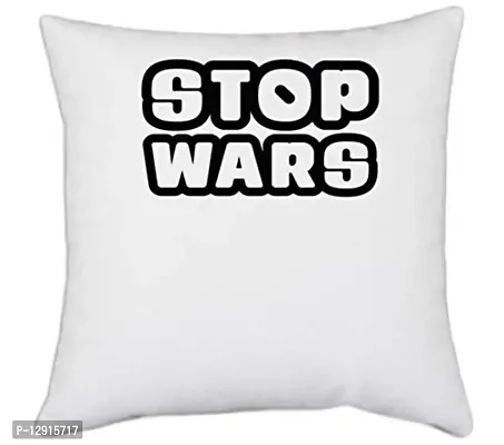 UDNAG White Polyester 'Wars | Stop Wars' Pillow Cover [16 Inch X 16 Inch]-thumb0