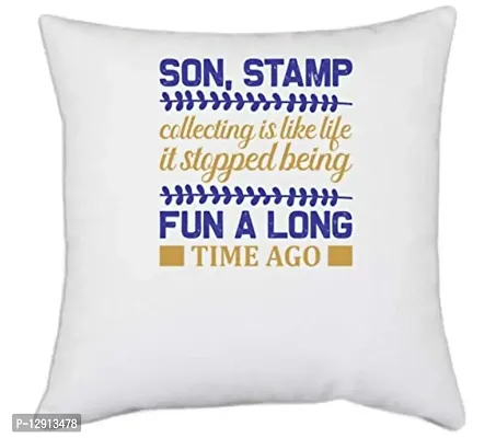 UDNAG White Polyester 'Stamp Collector | Son' Pillow Cover [16 Inch X 16 Inch]