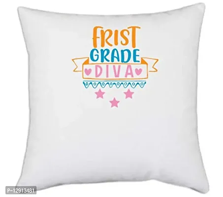 UDNAG White Polyester 'Teacher Student | First Grade Diva' Pillow Cover [16 Inch X 16 Inch]