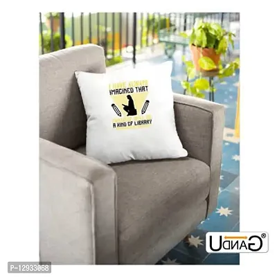 UDNAG White Polyester 'Reading | I Have Always Imagined That Paradise Will be a Kind of Library' Pillow Cover [16 Inch X 16 Inch]-thumb3