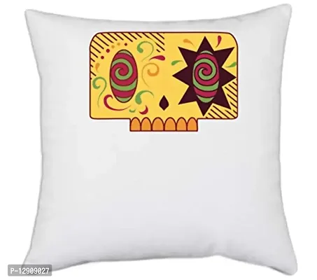 UDNAG White Polyester 'Illustration | Yellow Rectangular Sugar Skull' Pillow Cover [16 Inch X 16 Inch]-thumb0