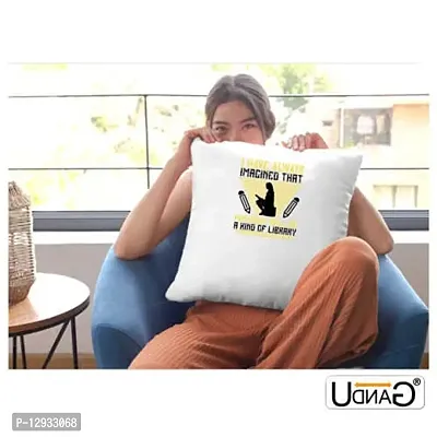 UDNAG White Polyester 'Reading | I Have Always Imagined That Paradise Will be a Kind of Library' Pillow Cover [16 Inch X 16 Inch]-thumb2