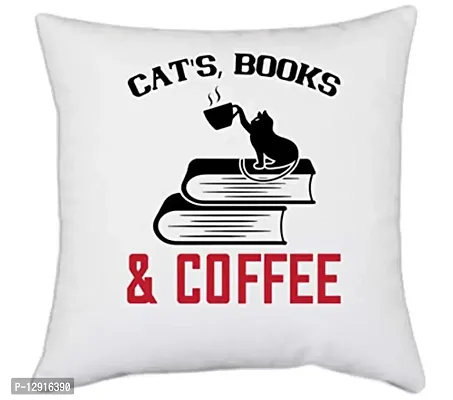 UDNAG White Polyester 'Coffee | ATS Book and Coffee' Pillow Cover [16 Inch X 16 Inch]