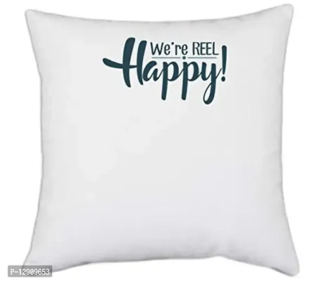 UDNAG White Polyester 'Happy | We are Reel Happy' Pillow Cover [16 Inch X 16 Inch]-thumb0