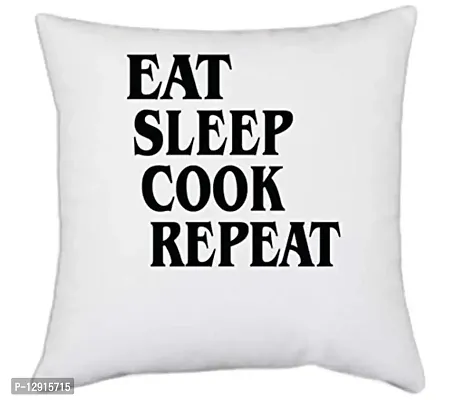 UDNAG White Polyester 'Cook | eat Sleep Cook Repeat' Pillow Cover [16 Inch X 16 Inch]