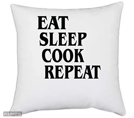 UDNAG White Polyester 'Cook | eat Sleep Cook Repeat' Pillow Cover [16 Inch X 16 Inch]-thumb0