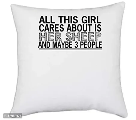 UDNAG White Polyester 'Sheep | All This Girl Cares About is' Pillow Cover [16 Inch X 16 Inch]-thumb0