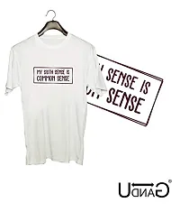 UDNAG Unisex Polyester regular fit Round Neck Graphic 'My 6 Sense is common Sense' T-Shirt (White, Large)-thumb1