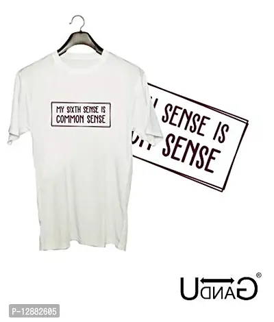 UDNAG Unisex Polyester regular fit Round Neck Graphic 'My 6 Sense is common Sense' T-Shirt (White, Large)-thumb2