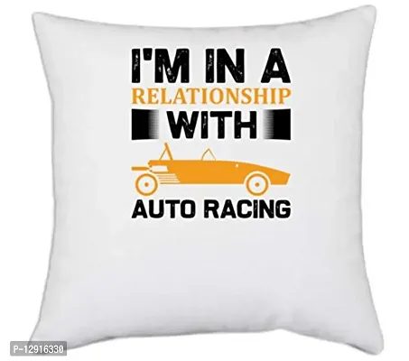 UDNAG White Polyester 'Racing | I'm in' Pillow Cover [16 Inch X 16 Inch]-thumb0