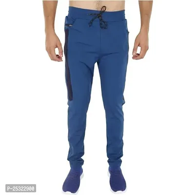 Stylish Blue Cotton Blend Solid Regular Track Pants For Men