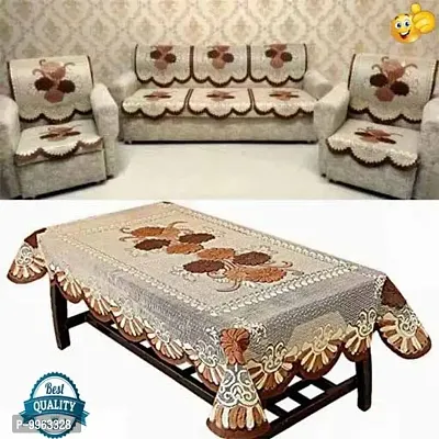 High Quality Flower Design Slip Resistant 5 Seater Sofa Cover Set with Designer Centre table cover - Set of 11 pieces (Brown colour)