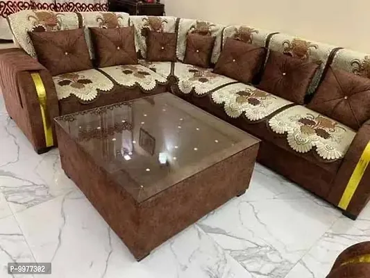 Floral Design L shape net sofa cover 7 seater Sofa cover for L shape sofa 7 seater sofa cover Set of 14 pieces- Brown Colour-thumb2