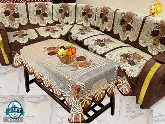 Floral Design L shape net sofa cover 7 seater Sofa cover + CENTER TABLE COVER for L shape sofa 7 seater sofa cover Set of 14 pieces- Brown Colour