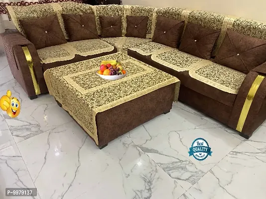 L shape net sofa cover 7 seater Sofa cover + centre table cover for L shape sofa 7 seater sofa cover Set of 15 pieces- Golden Colour-thumb0