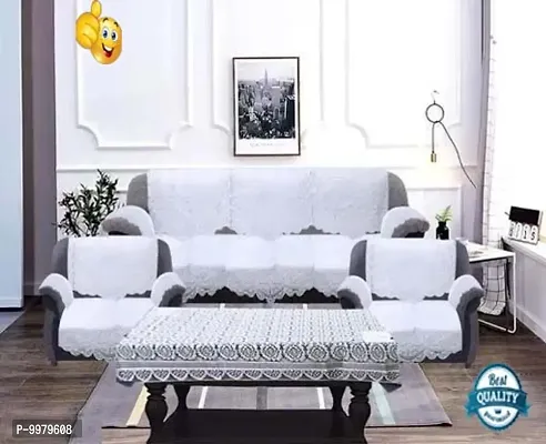 Net Designer Cotton 5 Seater Sofa Cover with 6 Pieces Arms Cover and Center Table Cover Set of 17 - WHITE colour