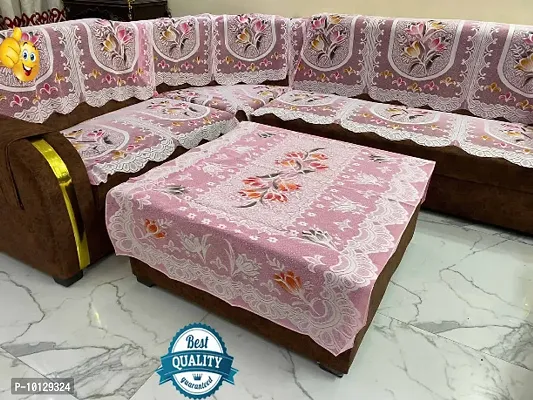 Designer Flower Net Sofa Cotton cover with Centre table cover - 7 seater sofa cover with Centre table Cover Set of 14 - Pink Colour