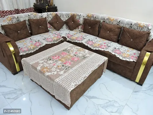 Best L shape net sofa cover 7 seater Sofa cover + centre table cover for L shape sofa 7 seater sofa cover Set of 15 pieces- CREAM Colour-thumb2