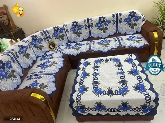 Premium sofa cover for l shape sofa cover 7 sofa cover with Center Table cover customizable sofa cover for living room flower design corner sofa cover Blue daisy design for luxury so-thumb0