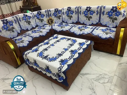 Premium sofa cover for l shape sofa cover 7 sofa cover with Center Table cover customizable sofa cover for living room flower design corner sofa cover Blue daisy design for luxury so-thumb4