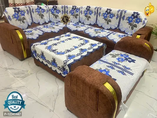 Kedar Corporation Premium sofa cover for l shape sofa cover 7 sofa cover with Center Table cover customisable sofa cover for living room flower design corner sofa cover Blue daisy design for luxury so-thumb3