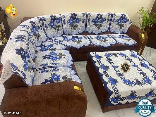 Kedar Corporation Premium sofa cover for l shape sofa cover 7 sofa cover with Center Table cover customisable sofa cover for living room flower design corner sofa cover Blue daisy design for luxury so-thumb4