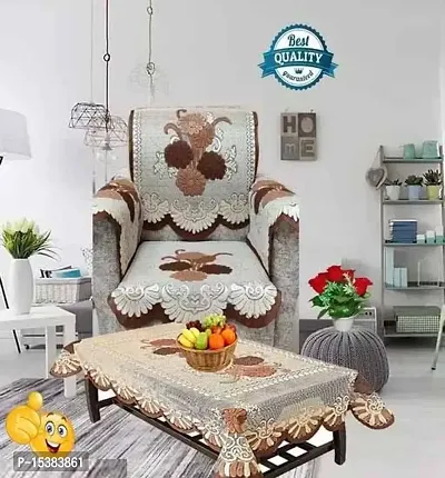 COMBO-Floral Cotton Net 1Seater Net Sofa Chair Cover (Brown, SBA/)Standard), 4PC Flower Designer Rectangular Centre Table Cover - 4 Seater 40x60 Inches - Brown Colour-thumb0