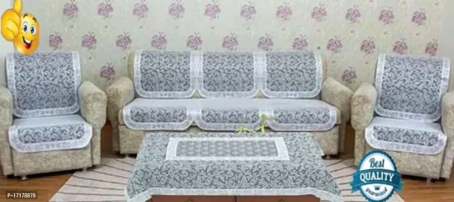 Designer Flower Net Sofa Cotton cover with Centre table cover - 5 seater sofa cover with Centre table Cover Set of 11 - SILVER Colour