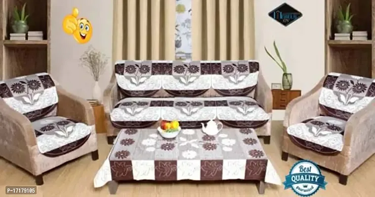 Designer Flower Net Sofa Cotton cover with Centre table cover - 5 seater sofa cover with Centre table Cover Set of 11 - BROWN Colour-thumb0