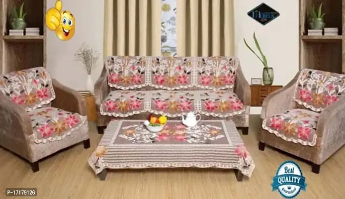 Designer Flower Net Sofa Cotton cover with Centre table cover - 5 seater sofa cover with Centre table Cover Set of 11 - BEIGE  Colour