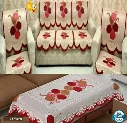 Designer Flower Net Sofa Cotton cover with Centre table cover - 5 seater sofa cover with Centre table Cover Set of 11 - MAROON Colour-thumb0