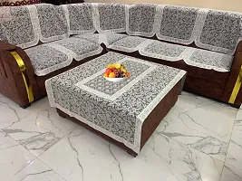 Designer Flower Net Sofa Cotton cover with Centre table cover - 7 seater sofa cover with Centre table Cover Set of 15 - SILVER Colour-thumb2