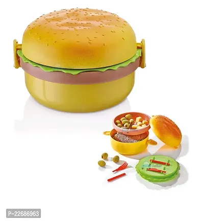 ROYAL KITCHEN Burger Shape Lunch Box for Kids - Lunch Box for Kids, Tiffin Box, Lunch Box Leak Proof Plastic Lunch Box, Lunch Box with Compartments (Multicolor)-thumb0