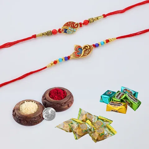 Chawal Roli Pack, Rakhi (2. Rakhi, Roli Chawal Pack Set, 5 Psc Truffle And 5 Psc Chocland Chocolate)