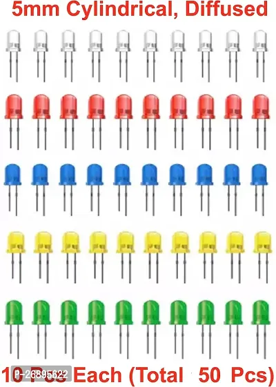 ELPH 5mm Diffused, Cylindrical LEDs Red_Green_Blue_Yellow_White Pcs 10 each_Total 50 Electronic Components Electronic Hobby Kit ()