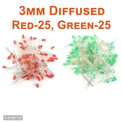 3mm Diffused Bright LED | RED and GREEN | 25 Pieces EACH | 3V DC 2 Pin | Light Emitting Diode, Multipurpose, For Science Projects, DIY Hobby Kit | Pack of 50 Pieces