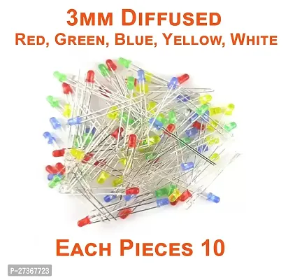 3mm Diffused Bright LED | RED, GREEN, BLUE, YELLOW and WHITE | 10 Pieces EACH | 3V DC 2 Pin | Light Emitting Diode, Multipurpose, For Science Projects, DIY Hobby Kit | Pack of 50 Pieces
