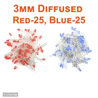 3mm Diffused Bright LED | RED and BLUE | 25 Pieces EACH | 3V DC 2 Pin | Light Emitting Diode, Multipurpose, For Science Projects, DIY Hobby Kit | Pack of 50 Pieces