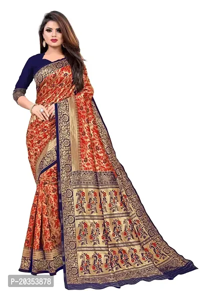 DESFELI Self Design Kanjivaram Cotton Art Silk Saree With Blouse Piece (Blue.Red)