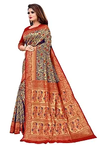 DESFELI Self Design Kanjivaram Cotton Art Silk Saree With Blouse Piece (Red.Blue)-thumb1