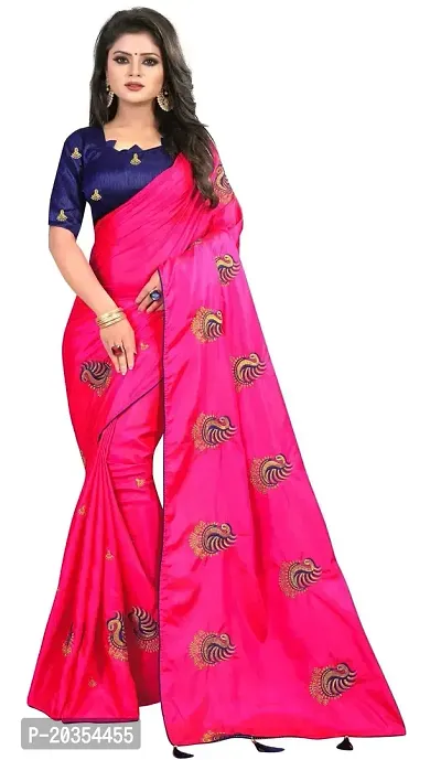 NOTABILIA Women's Embroidered Silk Saree With Unstitched Blouse Piece (Green) (Pink)