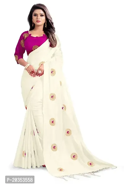 NOTABILIA Women's Banarasi Silk Saree With Unstitched Blouse Piece (White)