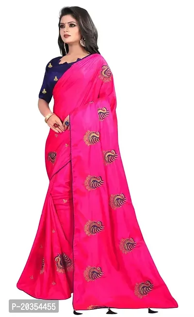 NOTABILIA Women's Embroidered Silk Saree With Unstitched Blouse Piece (Green) (Pink)-thumb2