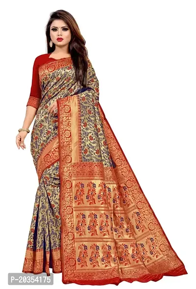 DESFELI Self Design Kanjivaram Cotton Art Silk Saree With Blouse Piece (Red.Blue)