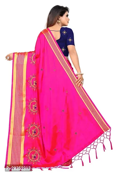 NOTABILIA Women's Embroidered Work Silk Saree With Unstitched Blouse Piece (Pink)-thumb3