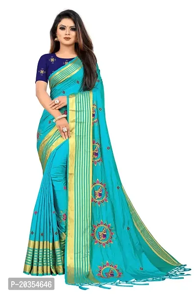 NOTABILIA Women's Embroidered Work Silk Saree With Unstitched Blouse Piece (Rama)