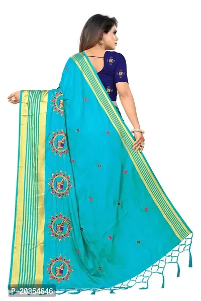 NOTABILIA Women's Embroidered Work Silk Saree With Unstitched Blouse Piece (Rama)-thumb3