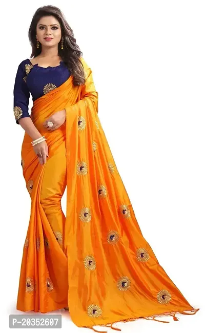 NOTABILIA Women's Banarasi Silk Saree With Unstitched Blouse Piece (Orange)