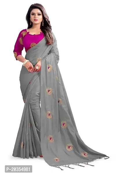 NOTABILIA Women's Banarasi Silk Saree With Unstitched Blouse Piece (Grey)