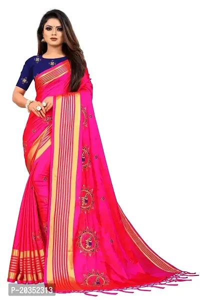 NOTABILIA Women's Embroidered Work Silk Saree With Unstitched Blouse Piece (Pink)-thumb0